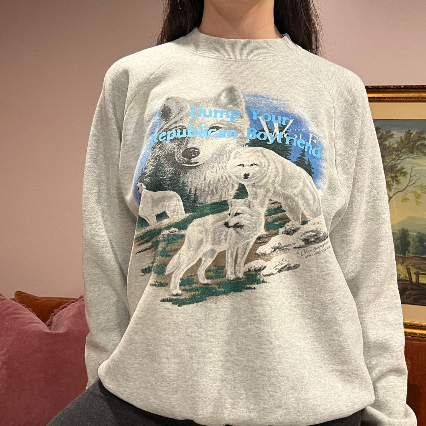 DUMP YOUR REPUBLICAN BOYFRIEND wolf crewneck with blue text (XL)