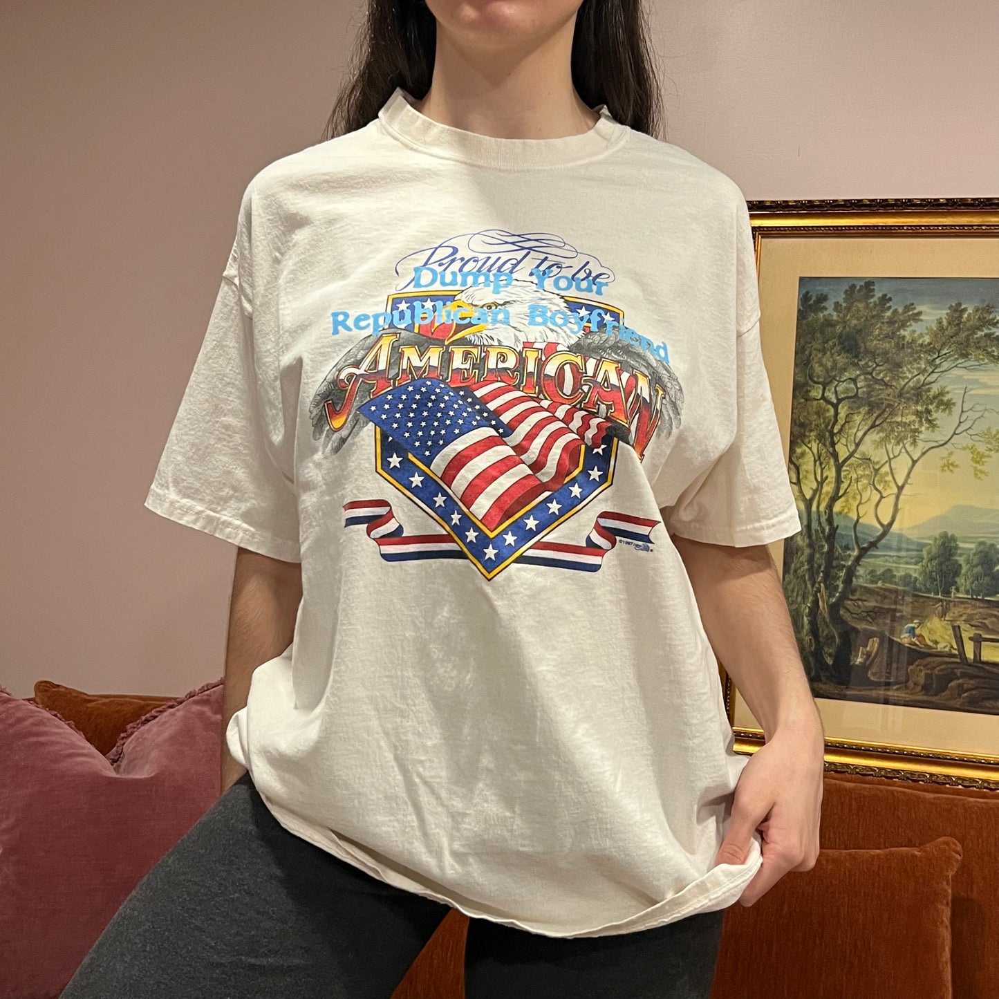 DUMP YOUR REPUBLICAN BOYFRIEND eagle t-shirt with blue text (XL)