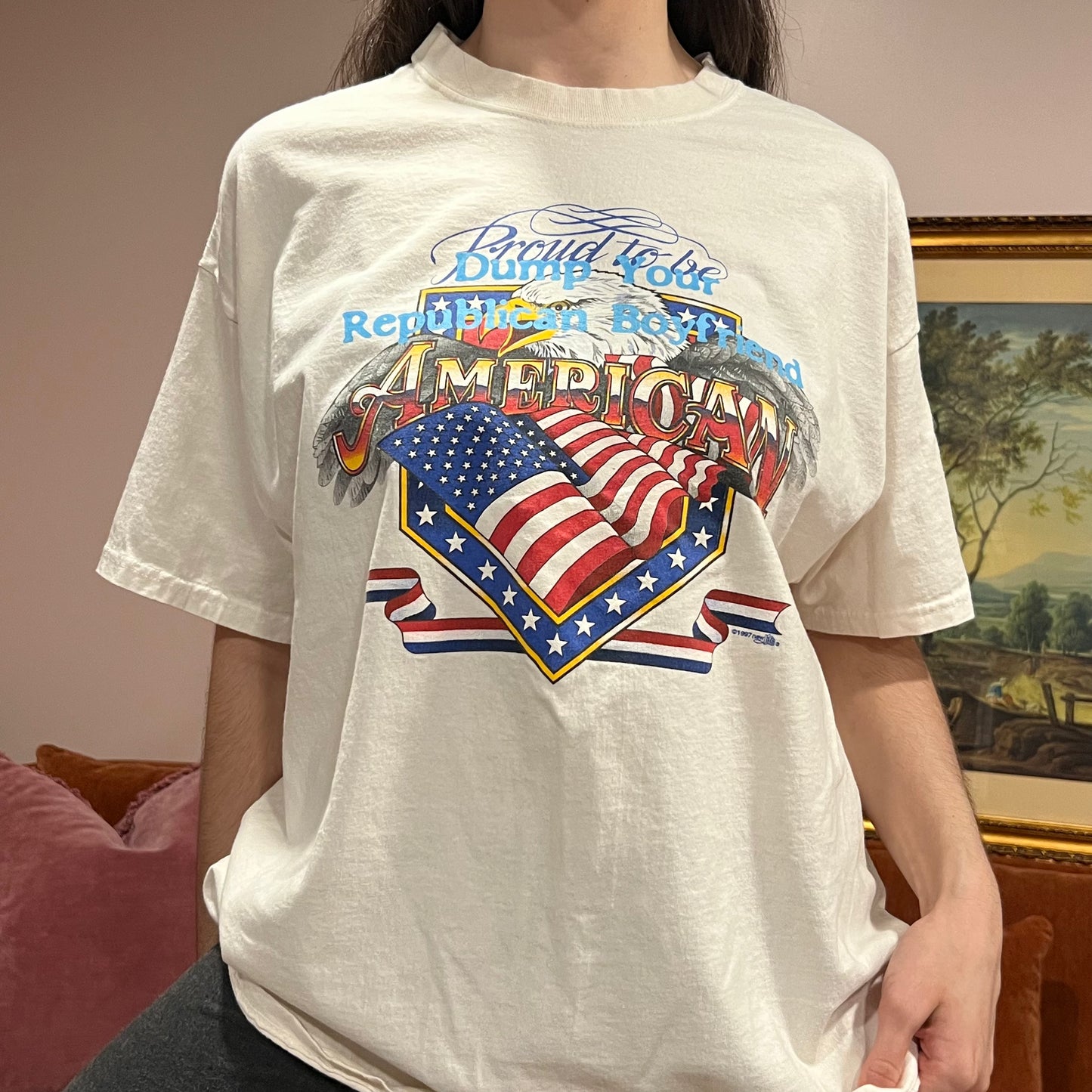 DUMP YOUR REPUBLICAN BOYFRIEND eagle t-shirt with blue text (XL)