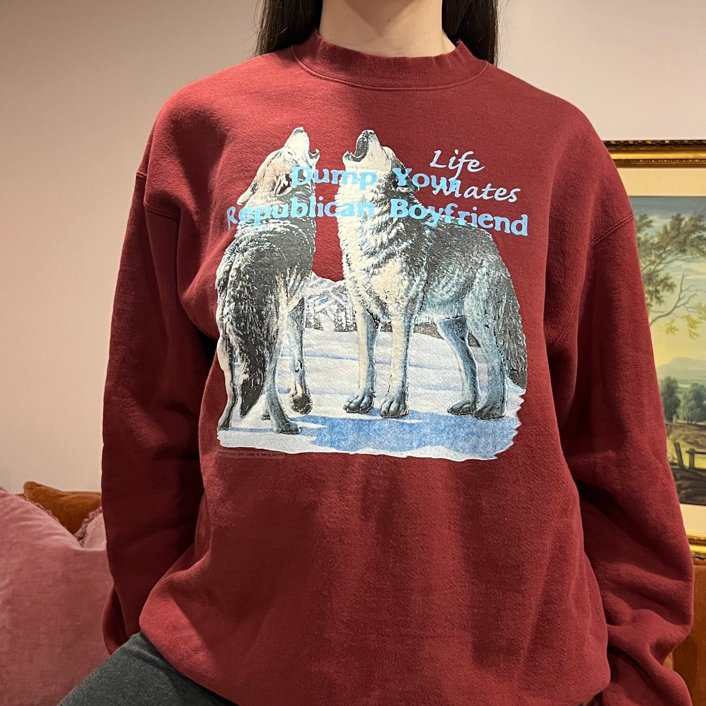 DUMP YOUR REPUBLICAN BOYFRIEND wolf crewneck with blue text (XL)