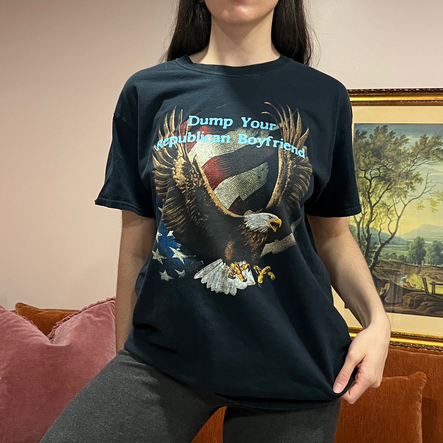 DUMP YOUR REPUBLICAN BOYFRIEND eagle t-shirt with blue text (L)