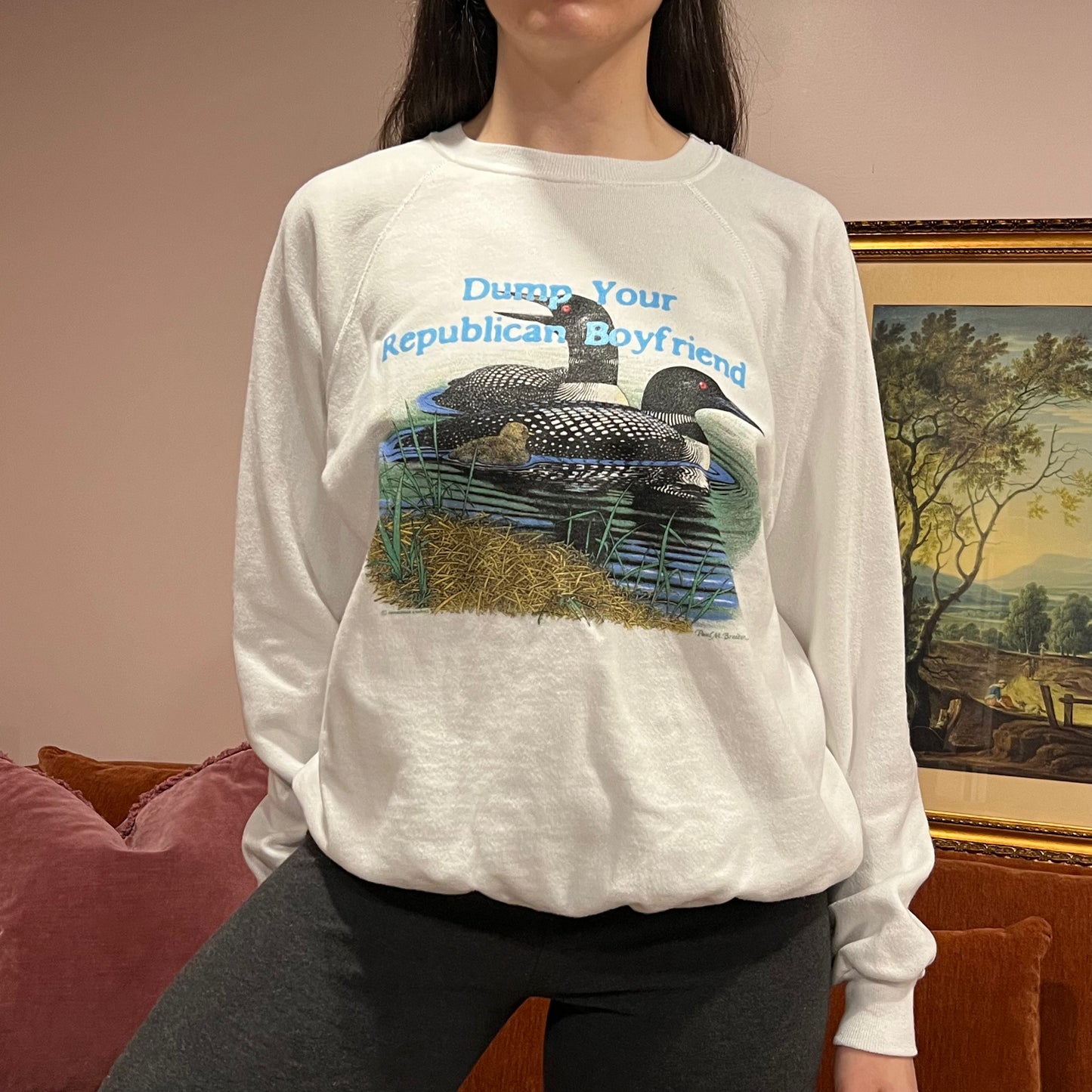 DUMP YOUR REPUBLICAN BOYFRIEND duck crewneck with blue text (XL)