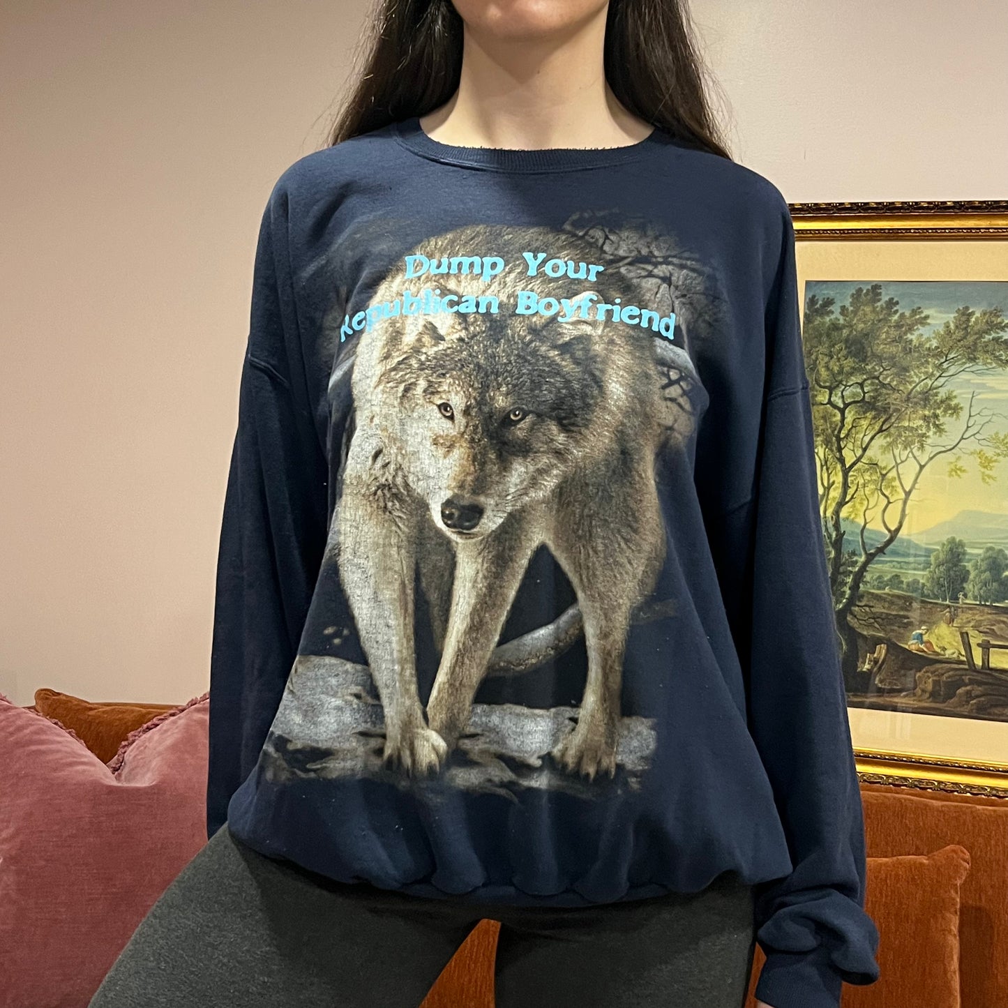 DUMP YOUR REPUBLICAN BOYFRIEND wolf crewneck with blue text (XL)