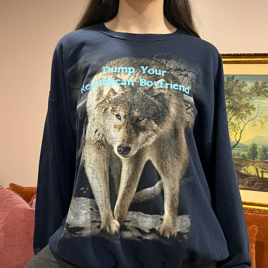 DUMP YOUR REPUBLICAN BOYFRIEND wolf crewneck with blue text (XL)