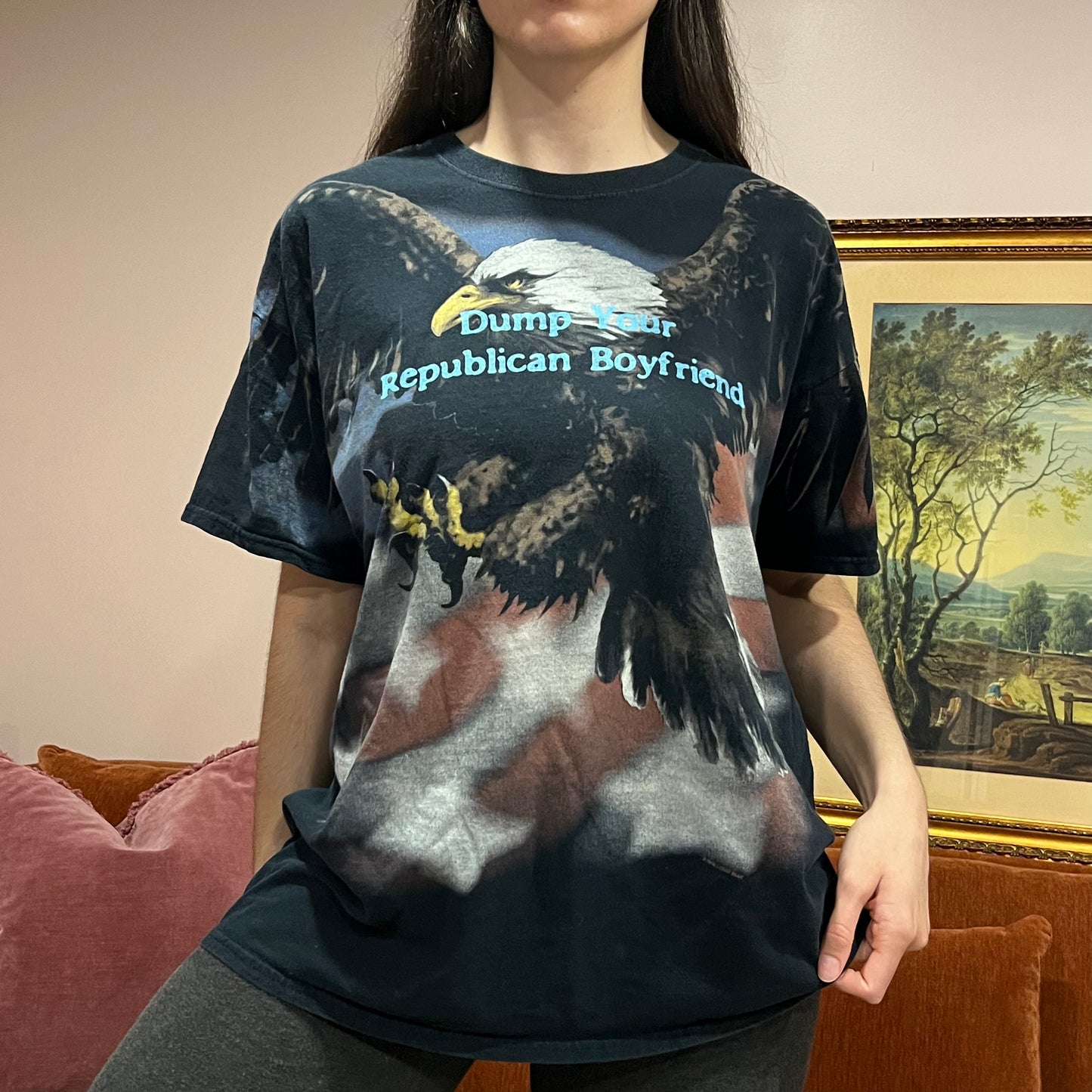 DUMP YOUR REPUBLICAN BOYFRIEND eagle t-shirt with blue text (XL)