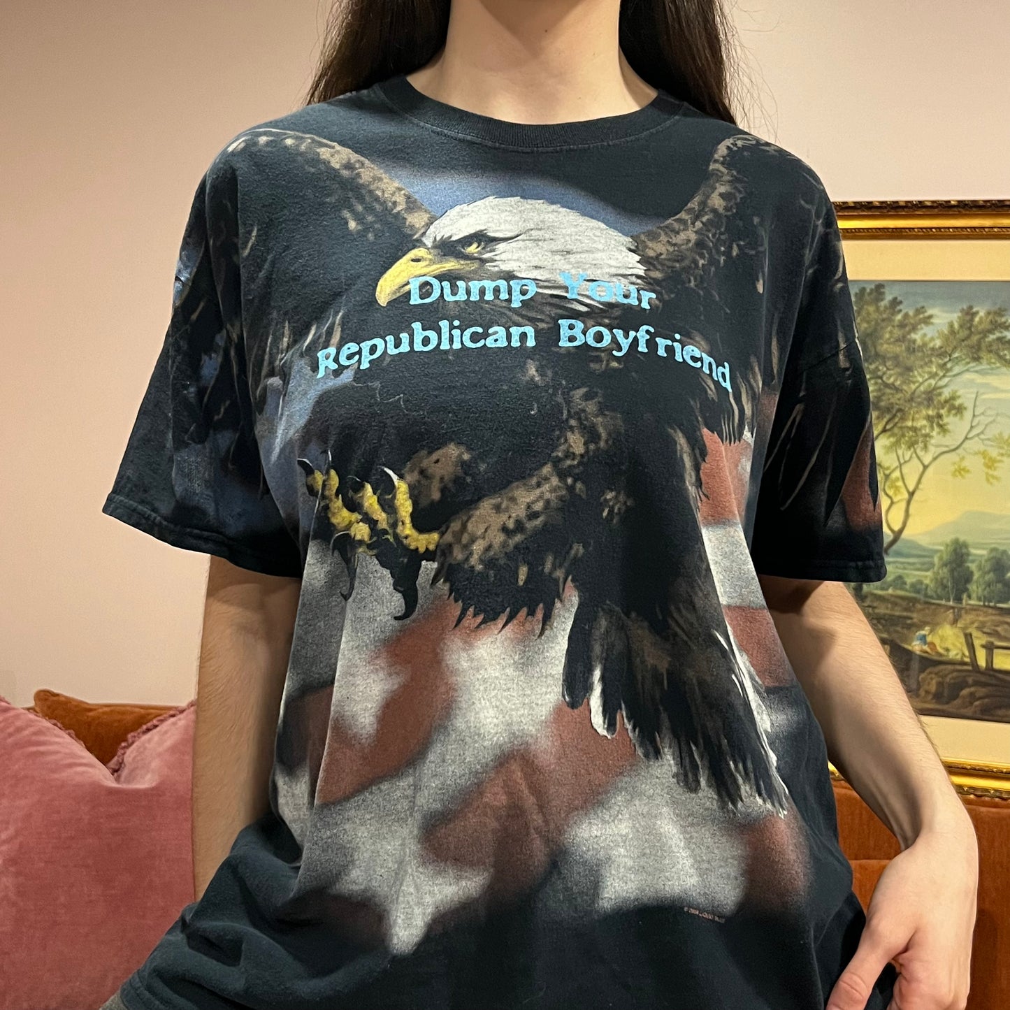 DUMP YOUR REPUBLICAN BOYFRIEND eagle t-shirt with blue text (XL)