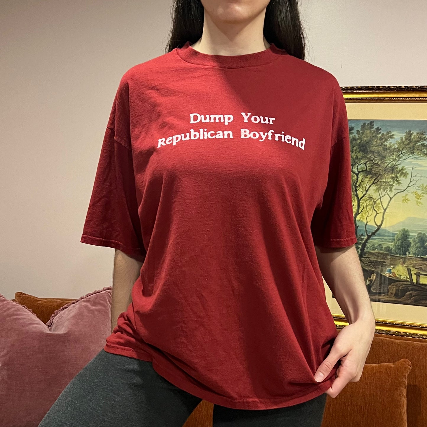 DUMP YOUR REPUBLICAN BOYFRIEND red t-shirt with white text (XL)