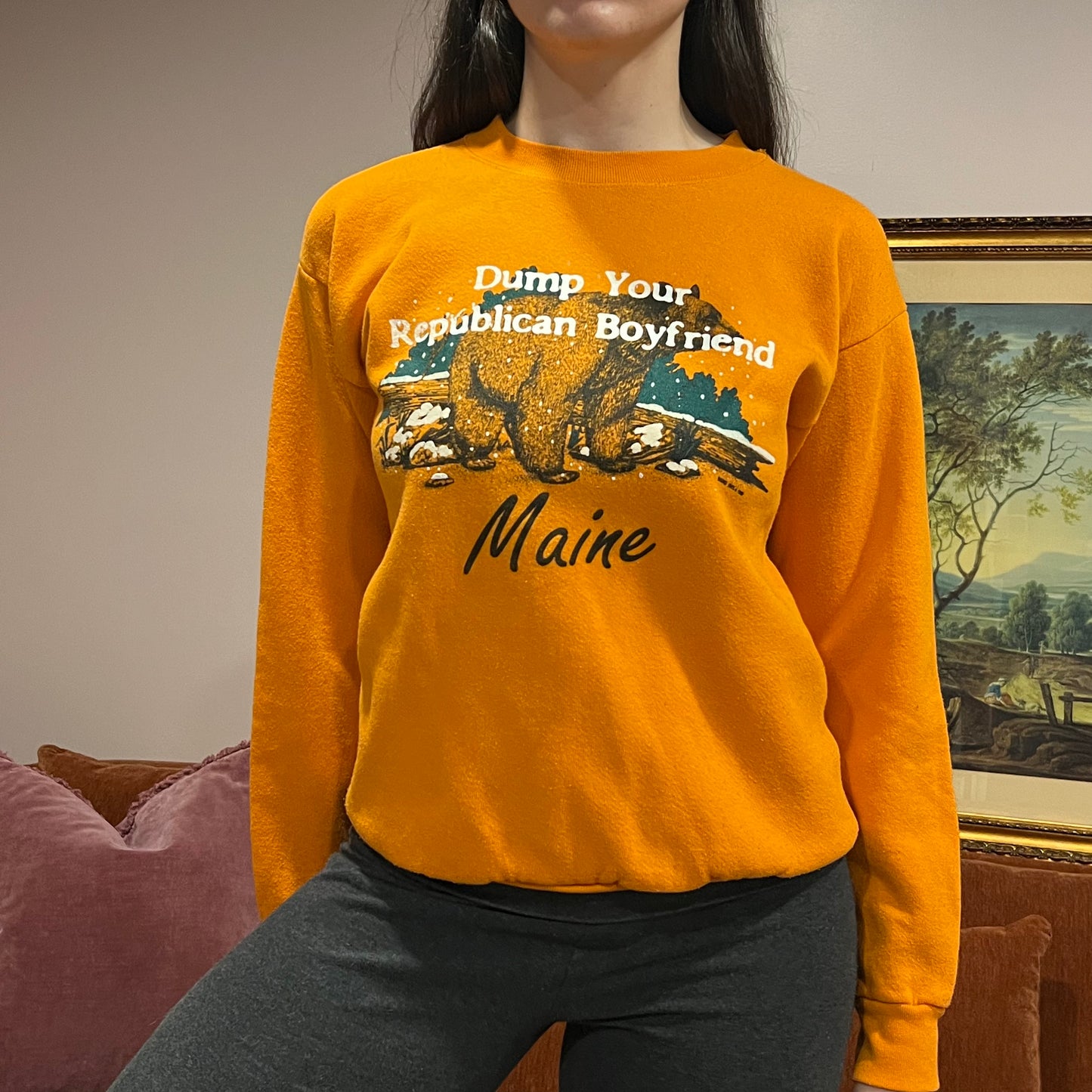DUMP YOUR REPUBLICAN BOYFRIEND bear crewneck with white text (S)