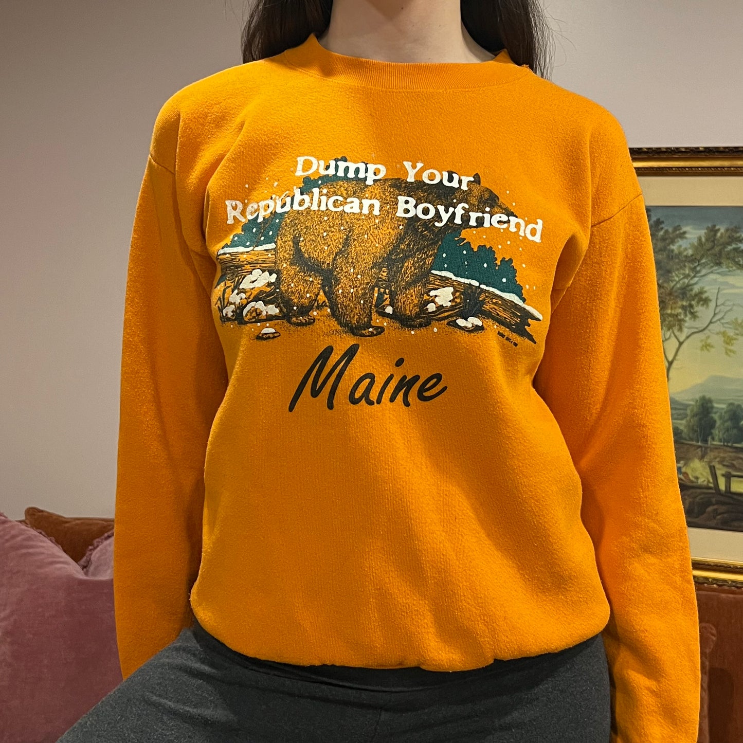 DUMP YOUR REPUBLICAN BOYFRIEND bear crewneck with white text (S)
