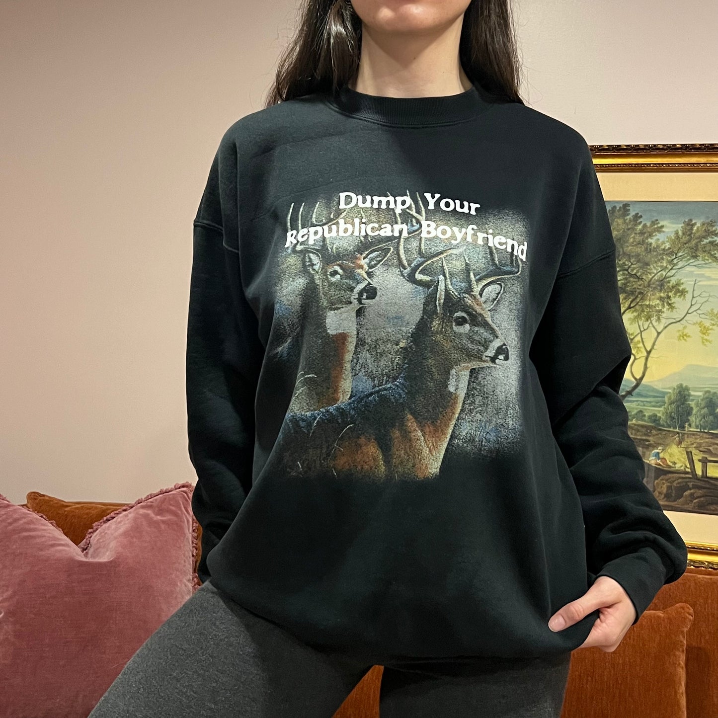 DUMP YOUR REPUBLICAN BOYFRIEND deer crewneck with white text (XL)