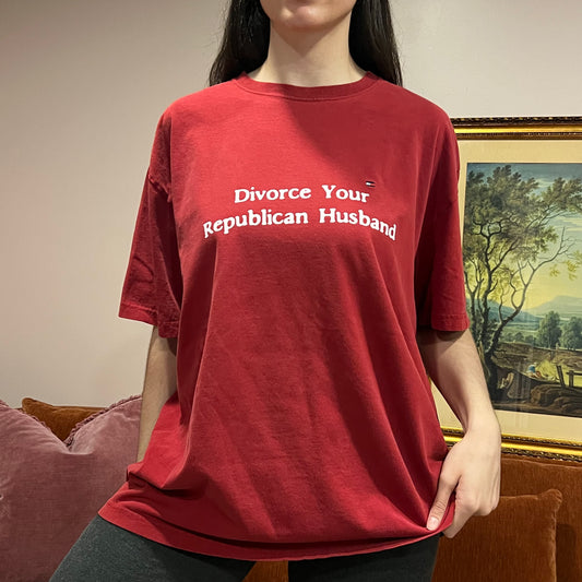 DIVORCE YOUR REPUBLICAN HUSBAND red t-shirt with white text (XL)
