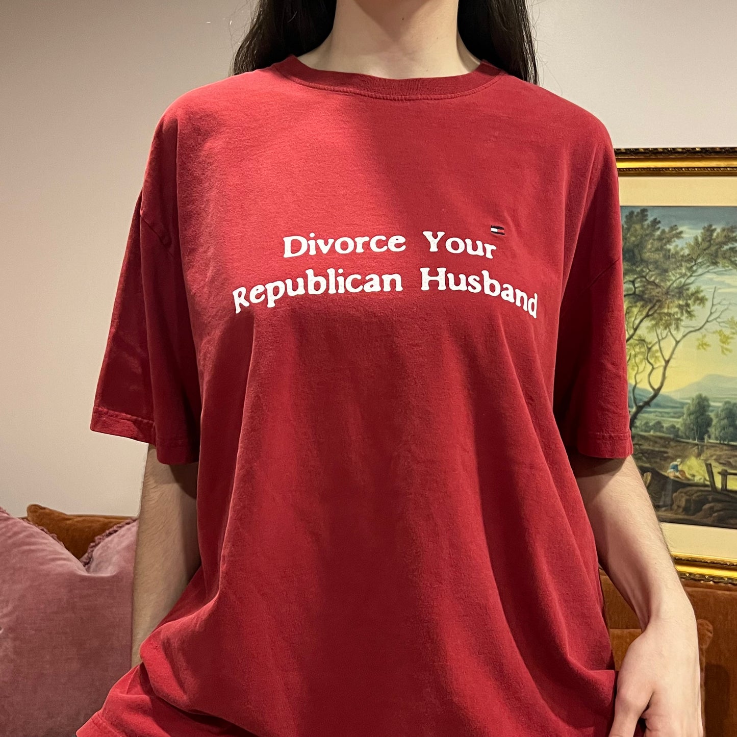DIVORCE YOUR REPUBLICAN HUSBAND red t-shirt with white text (XL)