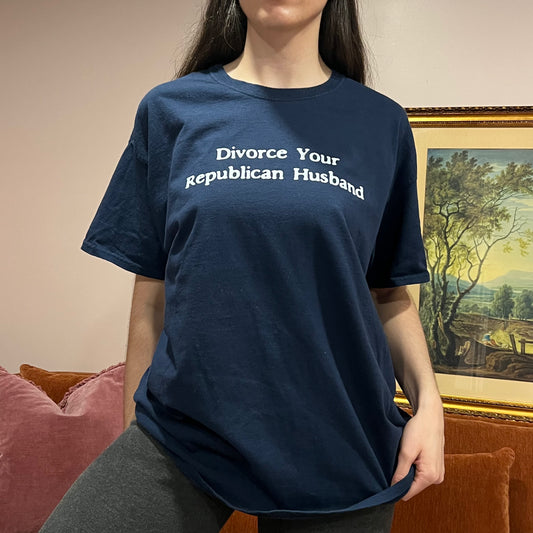 DIVORCE YOUR REPUBLICAN HUSBAND blue t-shirt with white text (XL)