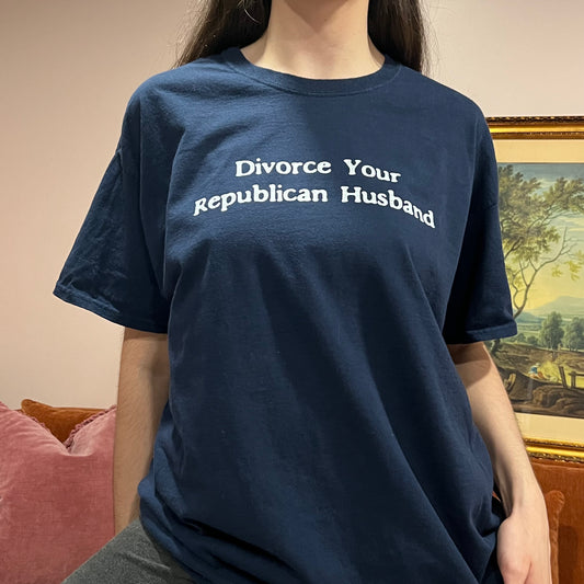DIVORCE YOUR REPUBLICAN HUSBAND blue t-shirt with white text (XL)