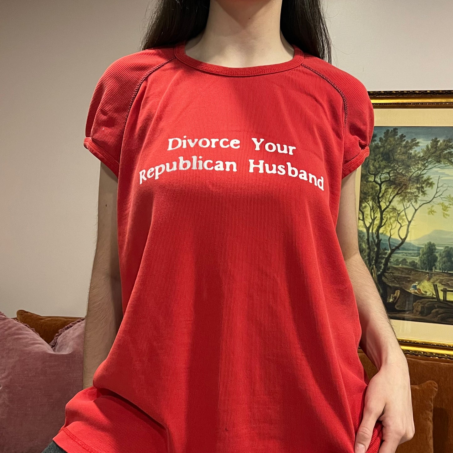 DIVORCE YOUR REPUBLICAN HUSBAND red t-shirt with white text (2XL)