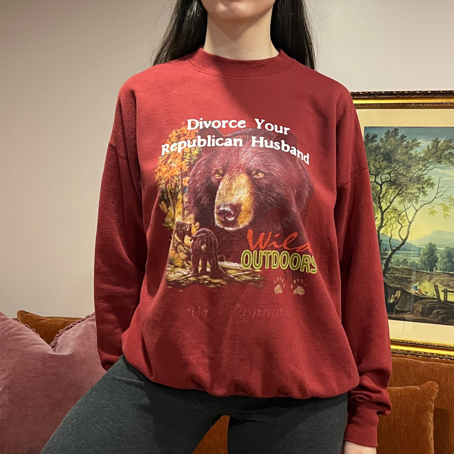 DIVORCE YOUR REPUBLICAN HUSBAND bear crewneck with white text (XL)