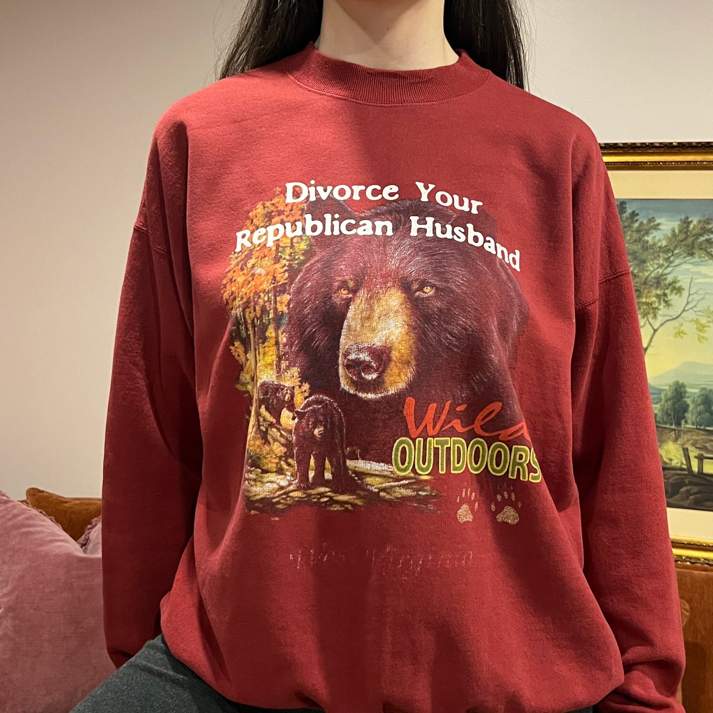DIVORCE YOUR REPUBLICAN HUSBAND bear crewneck with white text (XL)