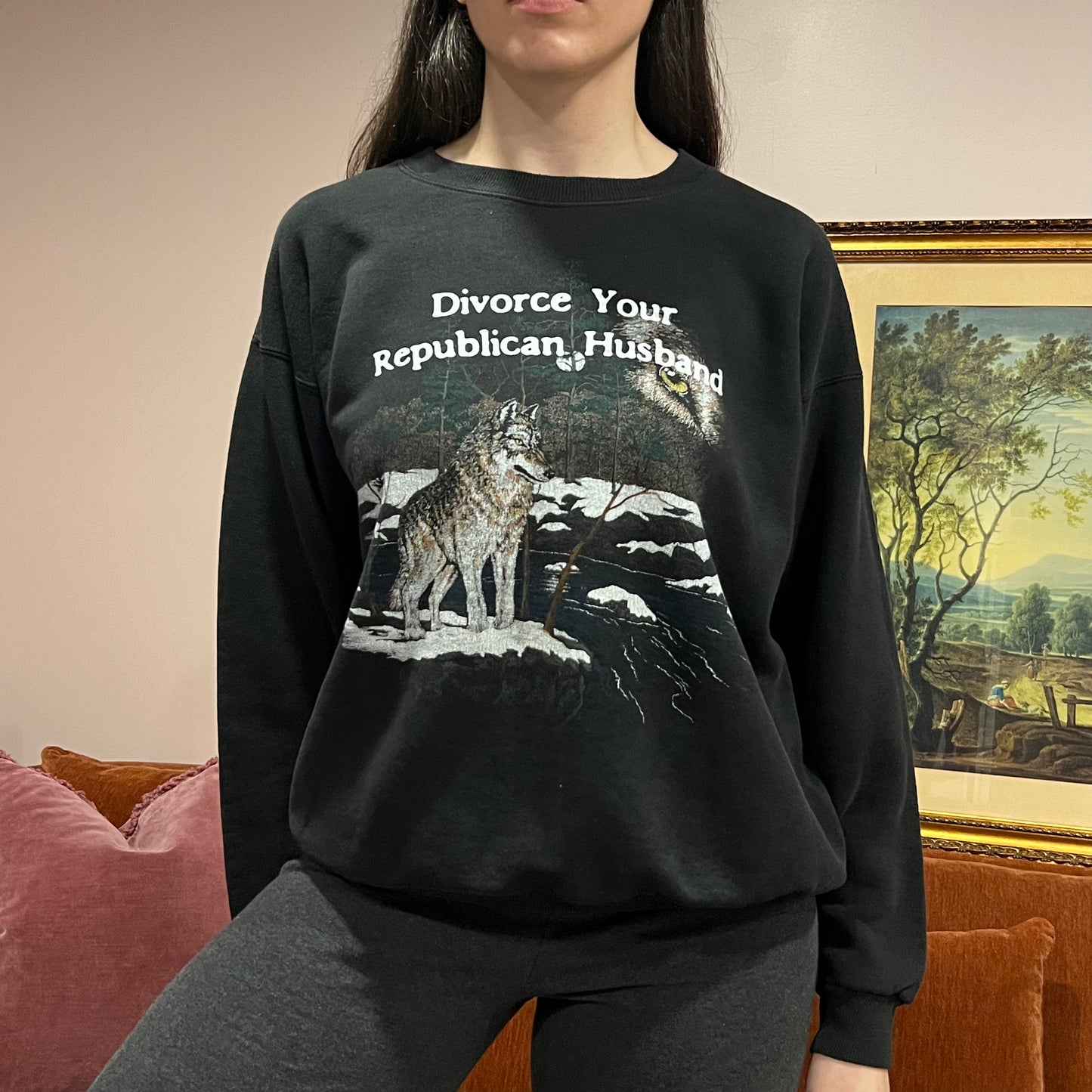 DIVORCE YOUR REPUBLICAN HUSBAND wolf crewneck with white text (L)