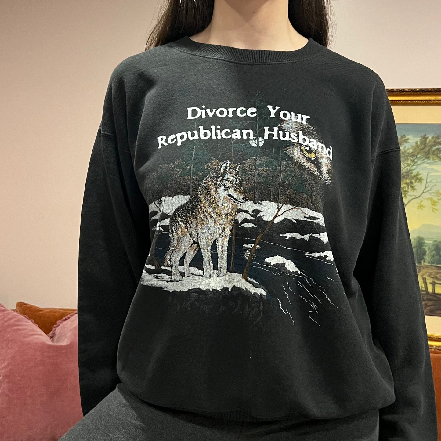 DIVORCE YOUR REPUBLICAN HUSBAND wolf crewneck with white text (L)