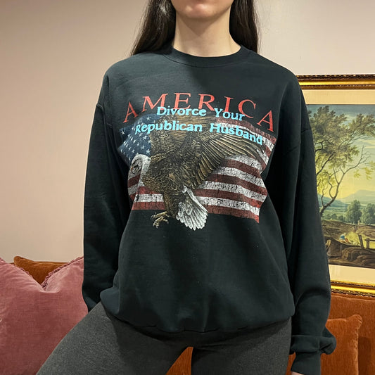 DIVORCE YOUR REPUBLICAN HUSBAND eagle crewneck with blue text (L)