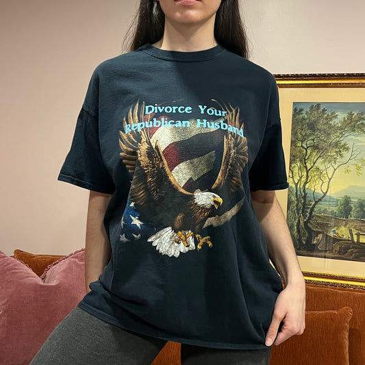 DIVORCE YOUR REPUBLICAN HUSBAND eagle t-shirt with blue text (XL)