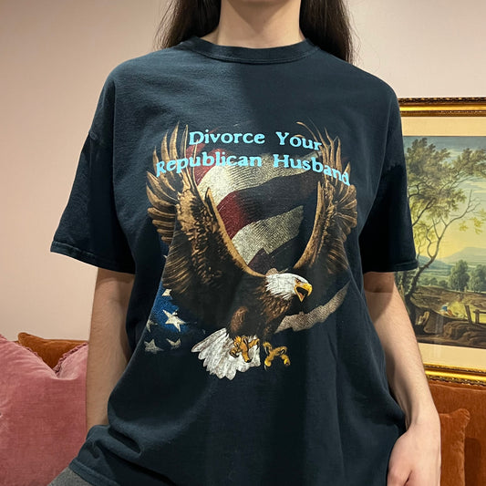 DIVORCE YOUR REPUBLICAN HUSBAND eagle t-shirt with blue text (XL)