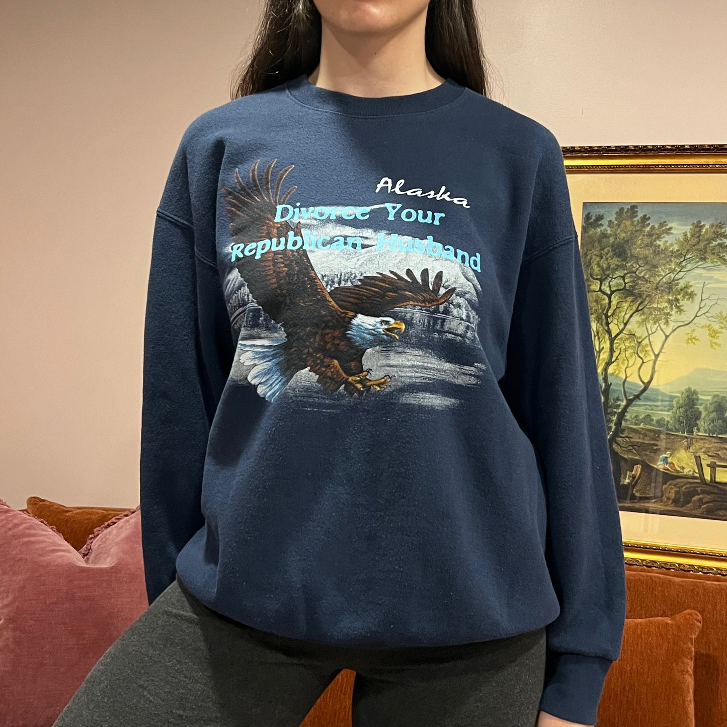 DIVORCE YOUR REPUBLICAN HUSBAND eagle crewneck with blue text (XL)