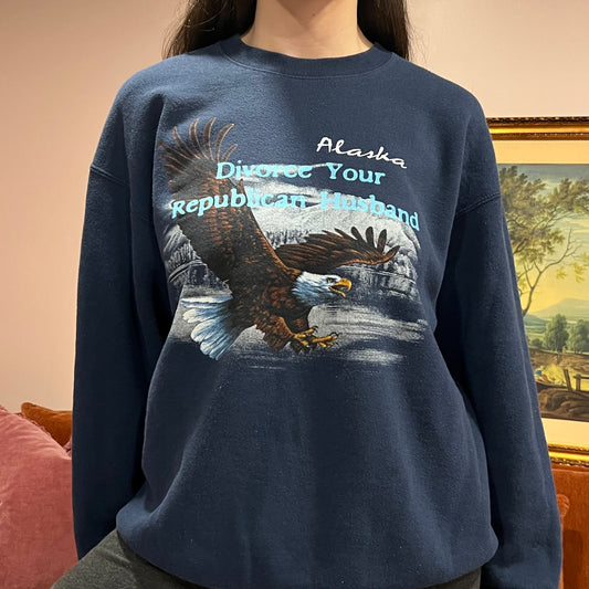 DIVORCE YOUR REPUBLICAN HUSBAND eagle crewneck with blue text (XL)
