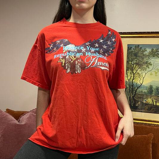 DIVORCE YOUR REPUBLICAN HUSBAND eagle t-shirt with blue text (XL)