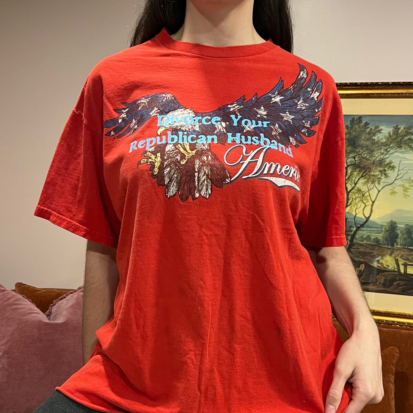 DIVORCE YOUR REPUBLICAN HUSBAND eagle t-shirt with blue text (XL)