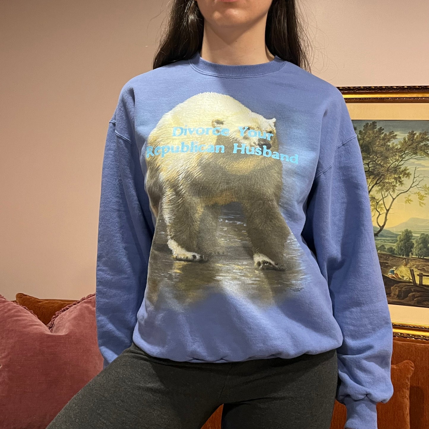 DIVORCE YOUR REPUBLICAN HUSBAND bear crewneck with blue text (M)