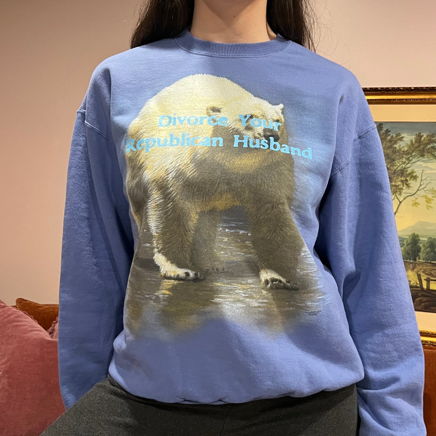 DIVORCE YOUR REPUBLICAN HUSBAND bear crewneck with blue text (M)