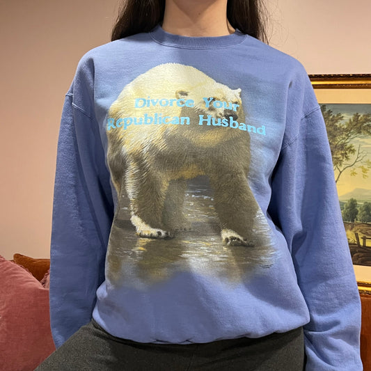 DIVORCE YOUR REPUBLICAN HUSBAND bear crewneck with blue text (M)