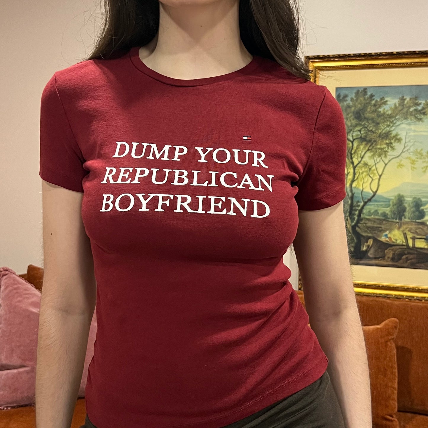 DUMP YOUR REPUBLICAN BOYFRIEND red t-shirt with white text (S)