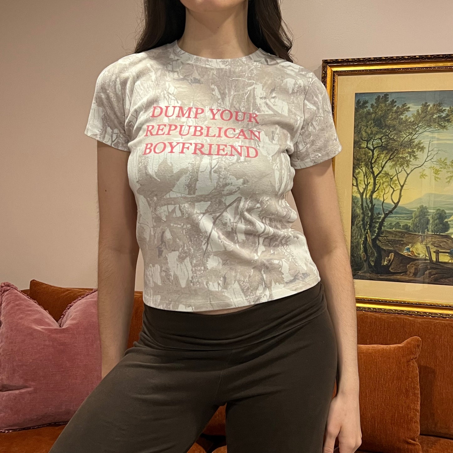 DUMP YOUR REPUBLICAN BOYFRIEND white camo t-shirt with pink text (L)
