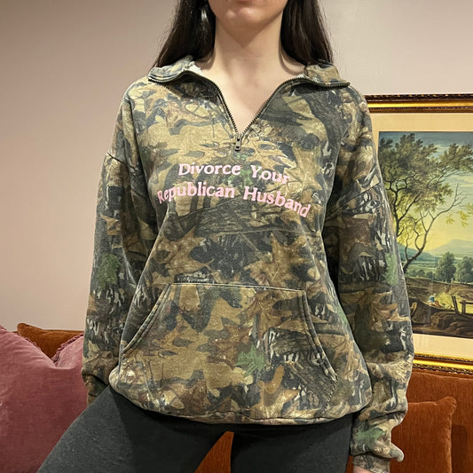 DIVORCE YOUR REPUBLICAN HUSBAND camo zip-up with pink text (XL)