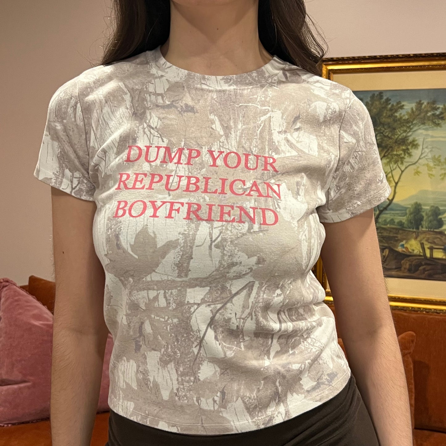 DUMP YOUR REPUBLICAN BOYFRIEND white camo t-shirt with pink text (L)