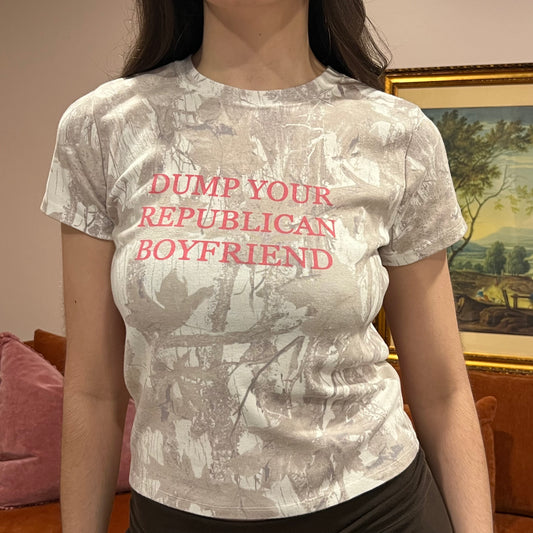 DUMP YOUR REPUBLICAN BOYFRIEND white camo t-shirt with pink text (L)