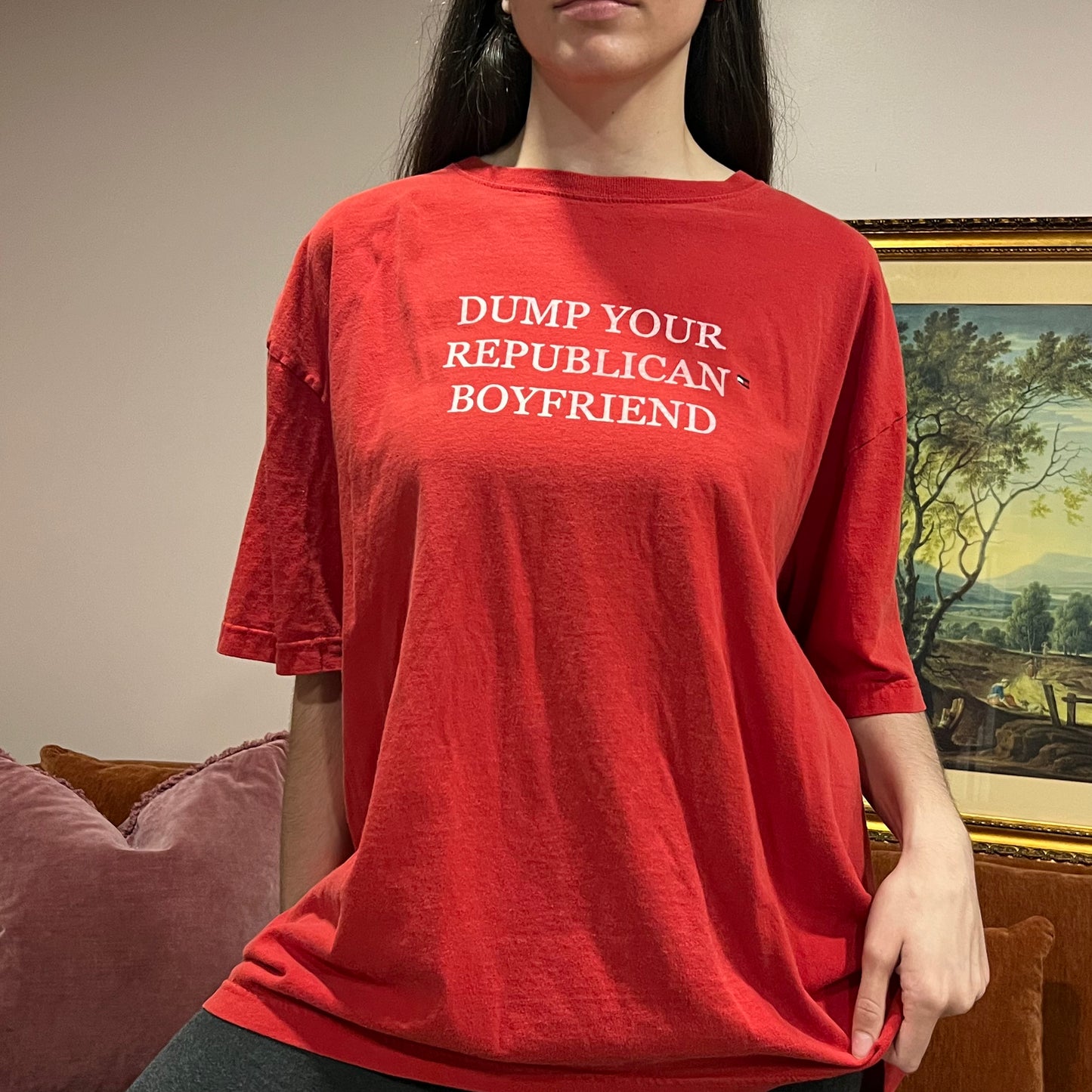 DUMP YOUR REPUBLICAN BOYFRIEND red t-shirt with white text (XL)