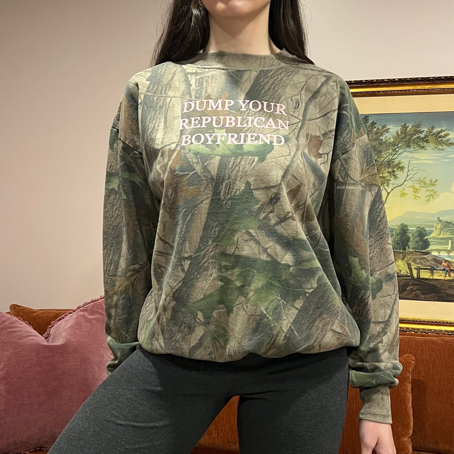 DUMP YOUR REPUBLICAN BOYFRIEND camo crewneck with pink text (L)