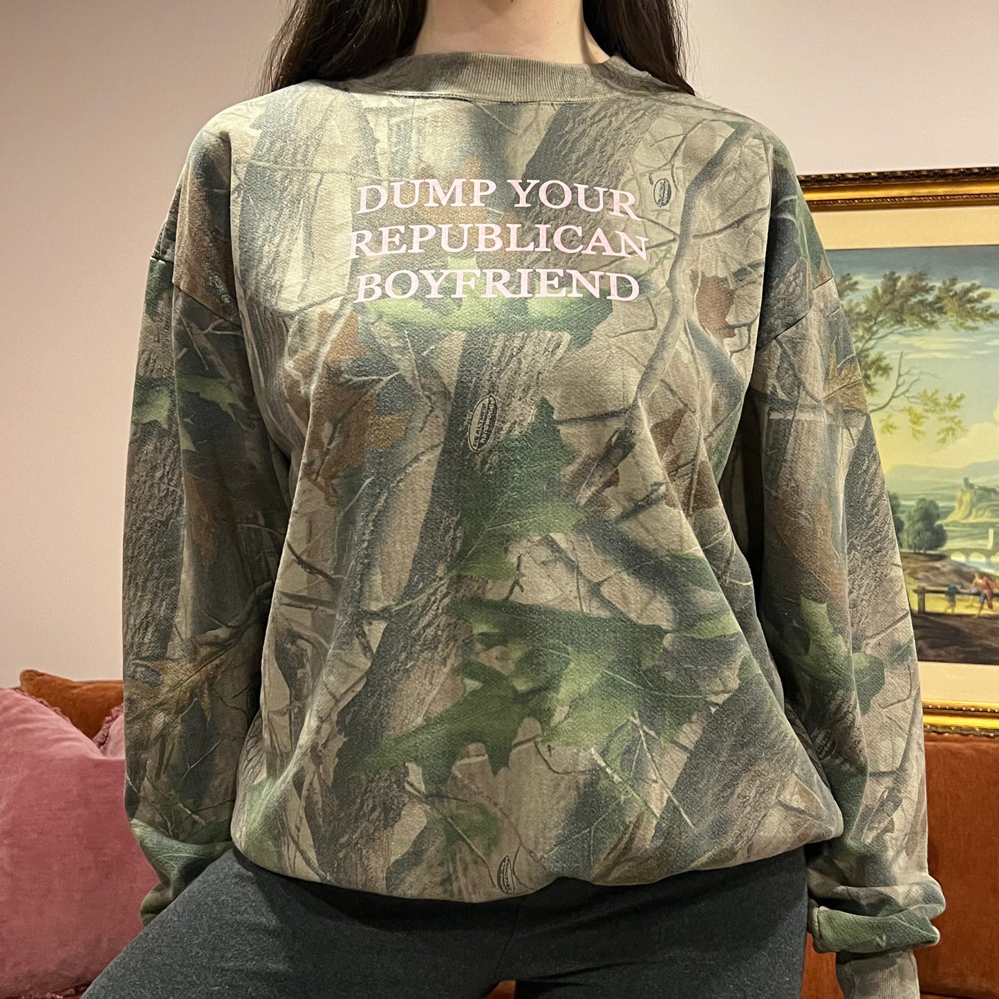 DUMP YOUR REPUBLICAN BOYFRIEND camo crewneck with pink text (L)