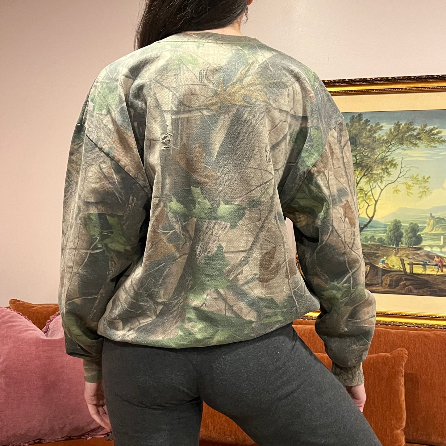 DUMP YOUR REPUBLICAN BOYFRIEND camo crewneck with pink text (L)