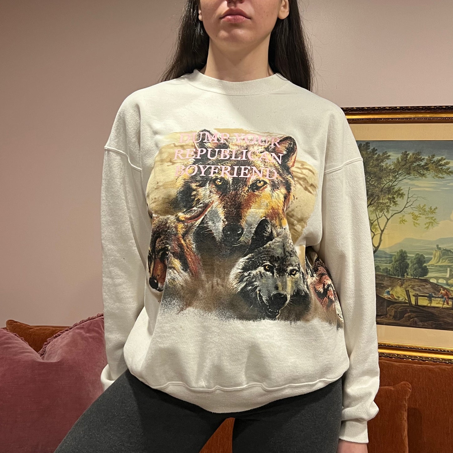 DUMP YOUR REPUBLICAN BOYFRIEND wolf crewneck with pink text (XL)