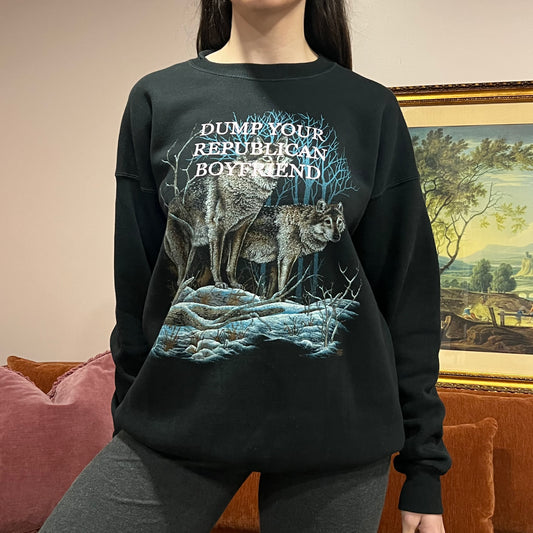 DUMP YOUR REPUBLICAN BOYFRIEND wolf crewneck with pink text (XL)
