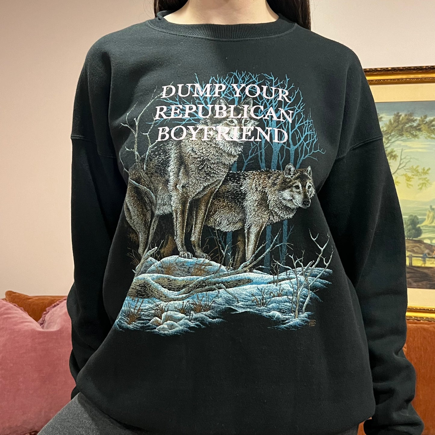 DUMP YOUR REPUBLICAN BOYFRIEND wolf crewneck with pink text (XL)