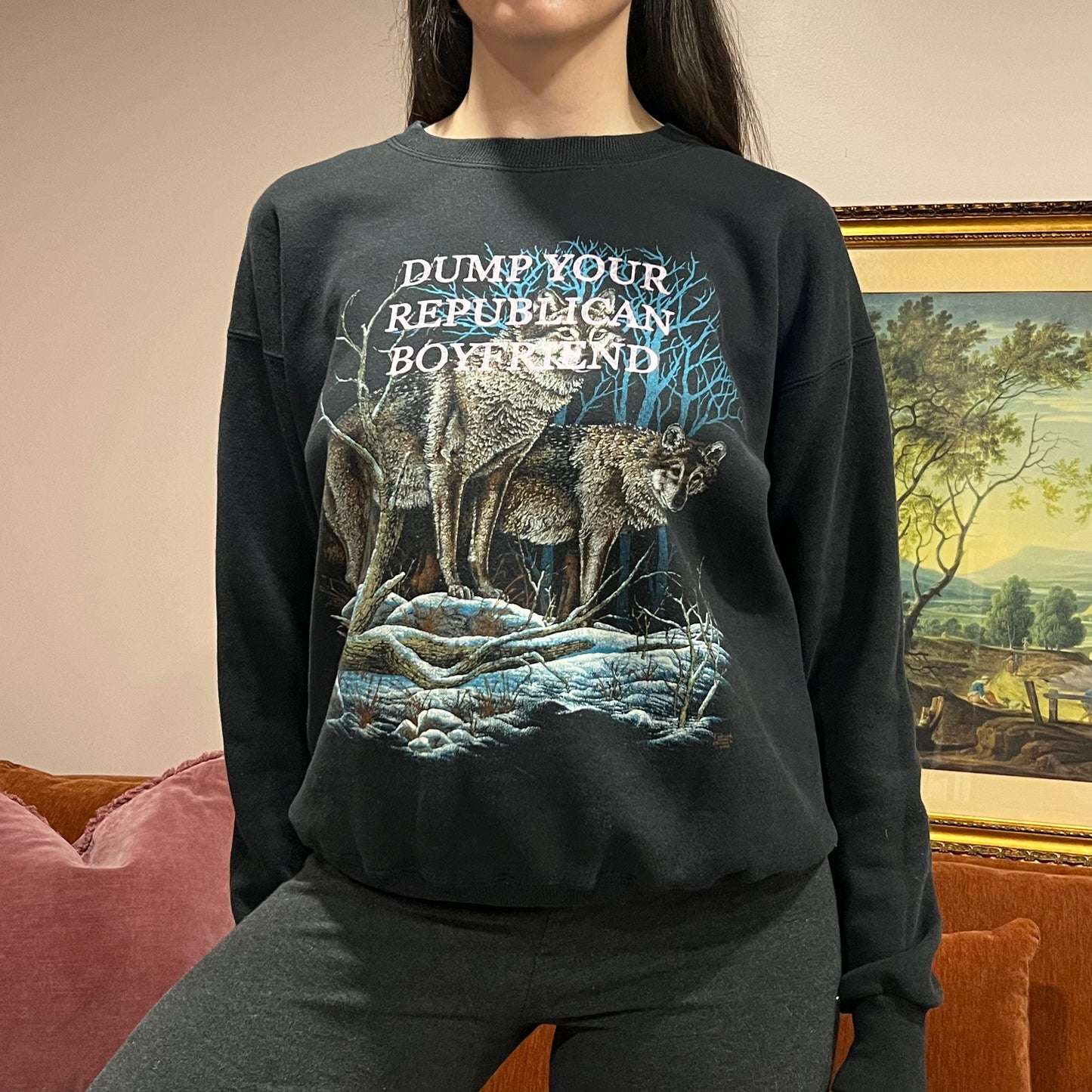 DUMP YOUR REPUBLICAN BOYFRIEND wolf crewneck with pink text (L)