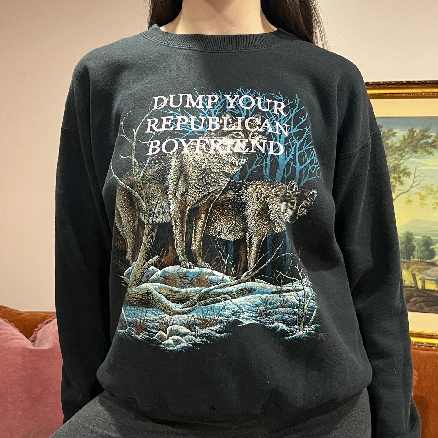DUMP YOUR REPUBLICAN BOYFRIEND wolf crewneck with pink text (L)