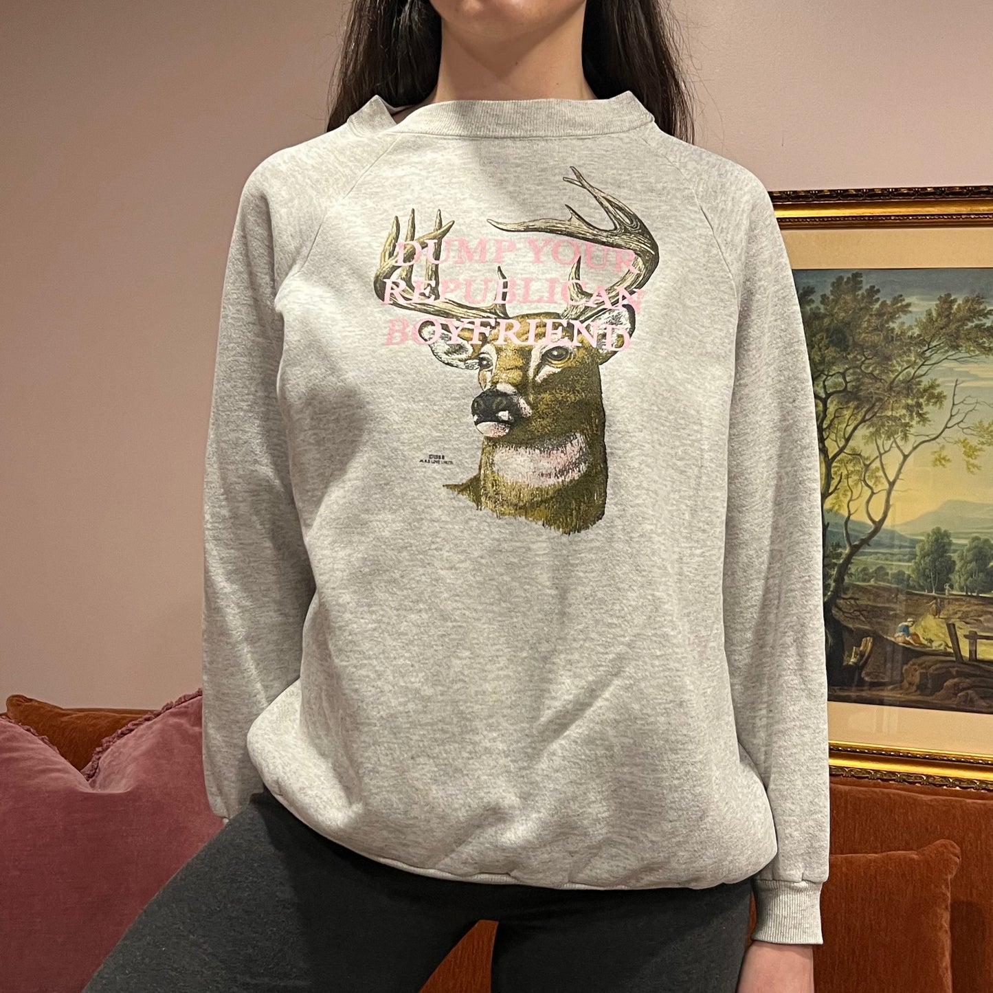 DUMP YOUR REPUBLICAN BOYFRIEND deer crewneck with pink text (XL)