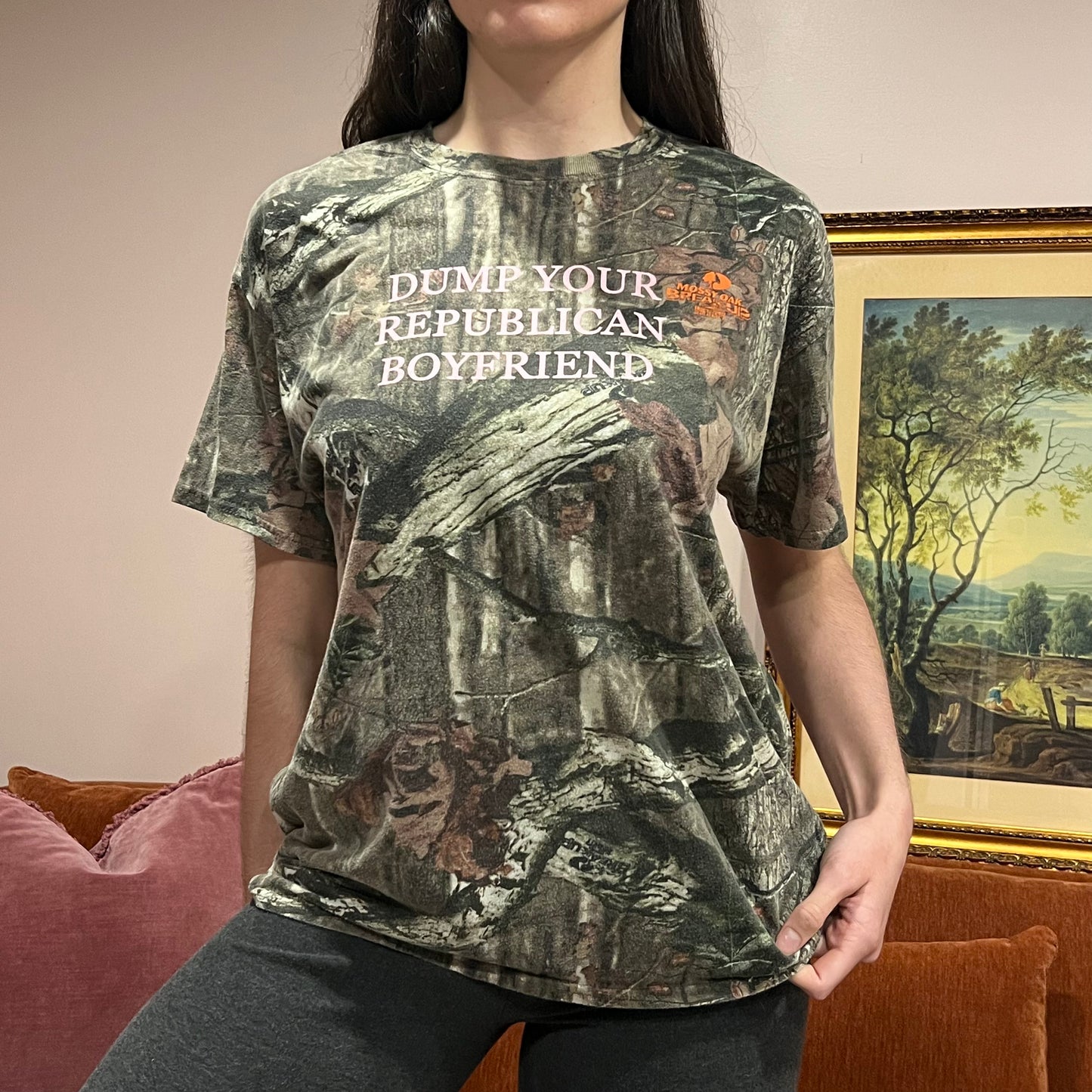 DUMP YOUR REPUBLICAN BOYFRIEND camo t-shirt with pink text (L)