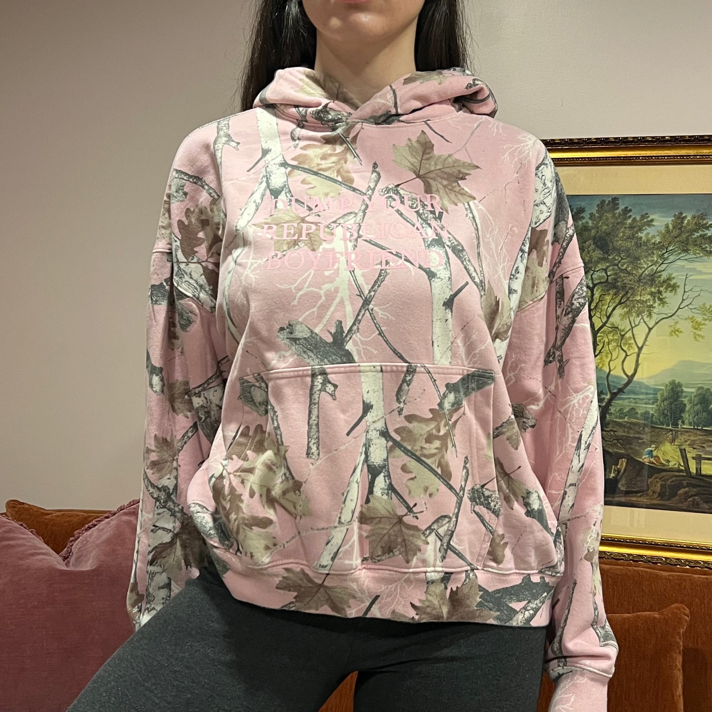 DUMP YOUR REPUBLICAN BOYFRIEND pink camo hoodie with pink text (L)